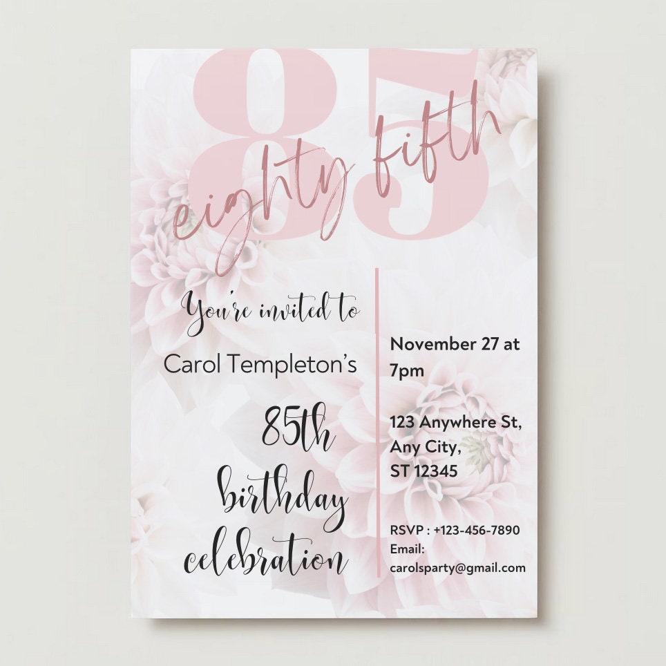 85th Birthday Invitation for Her, 85th Birthday Party, Customized 85th Invitation, Personalized 85th Birthday Invitation, Downloadable