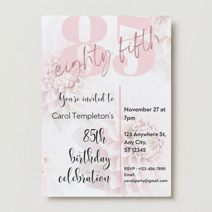 85th Birthday Invitation for Her, 85th Birthday Party, Customized 85th Invitation, Personalized 85th Birthday Invitation, Downloadable