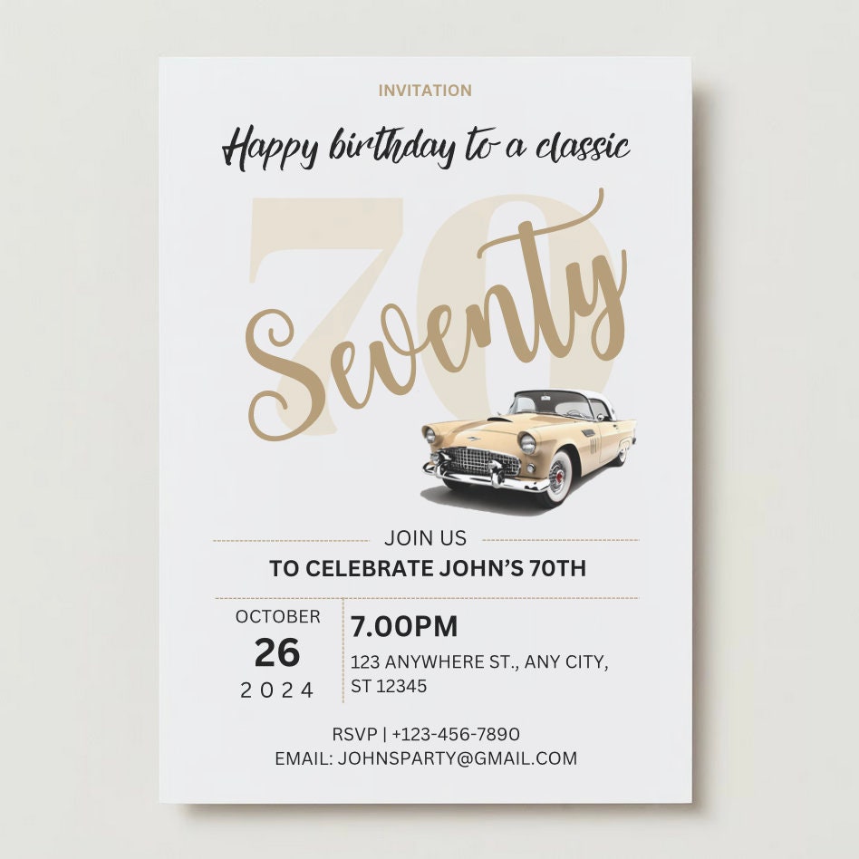 Personalized 70th Birthday Invitation for Man, Customized 70th birthday Invitation for Him, Downloadable 70th Invitation