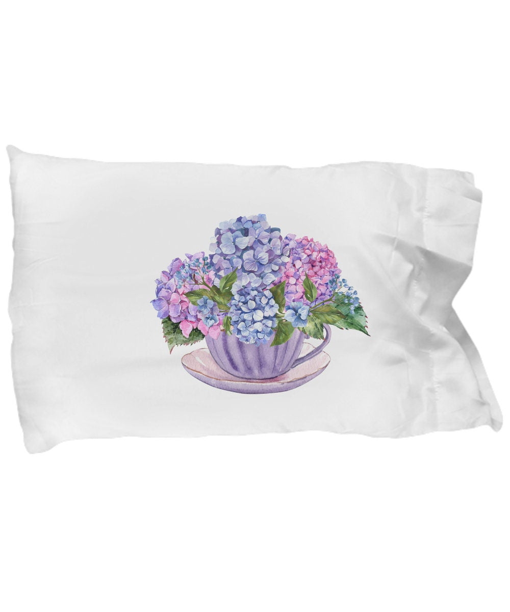 Adorable Hydrangea Gift, Hydrangea Pillow, Hydrangea Pillow Case, Gift For Her, Hydrangeas in a Tea Cup, Mircofibre