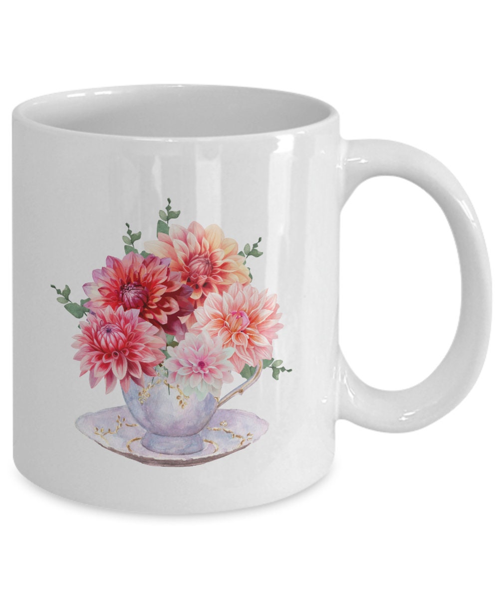 Dahlia Coffee Mug, Dahlia Gift, Dahlia in Tea Cup, Dahlia Mug, Flower Mug