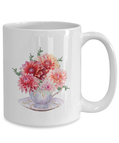 Dahlia Coffee Mug, Dahlia Gift, Dahlia in Tea Cup, Dahlia Mug, Flower Mug